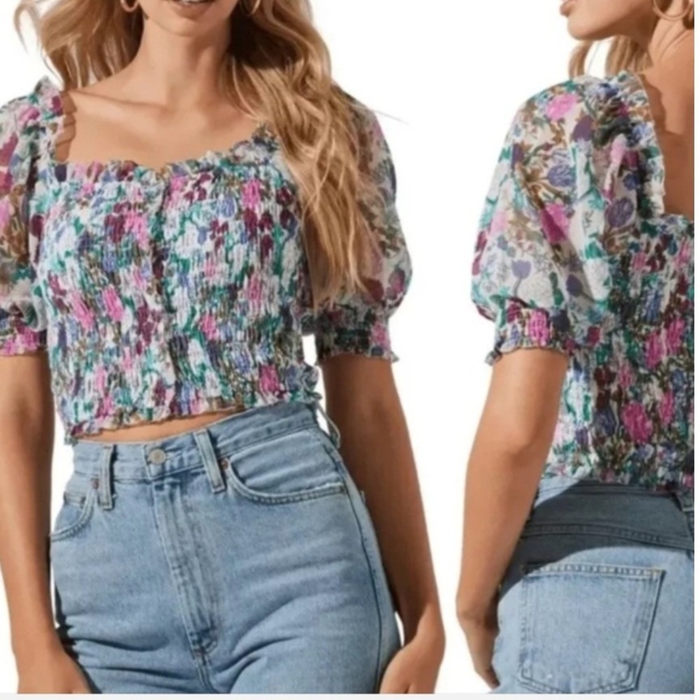 ASTR the Label Floral Smocked Puff Sleeve Crop Top Multicolor Size Large